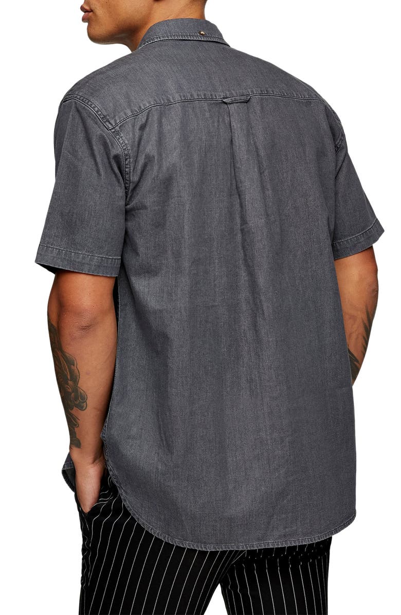 Topman Short Sleeve Button-Down Stretch Denim Shirt, Alternate, color,