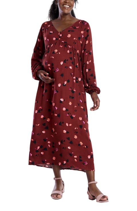 Long Sleeve Button Front Maternity Midi Dress