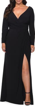 La Femme Long Sleeve Curvy Prom Dress with Ruching
