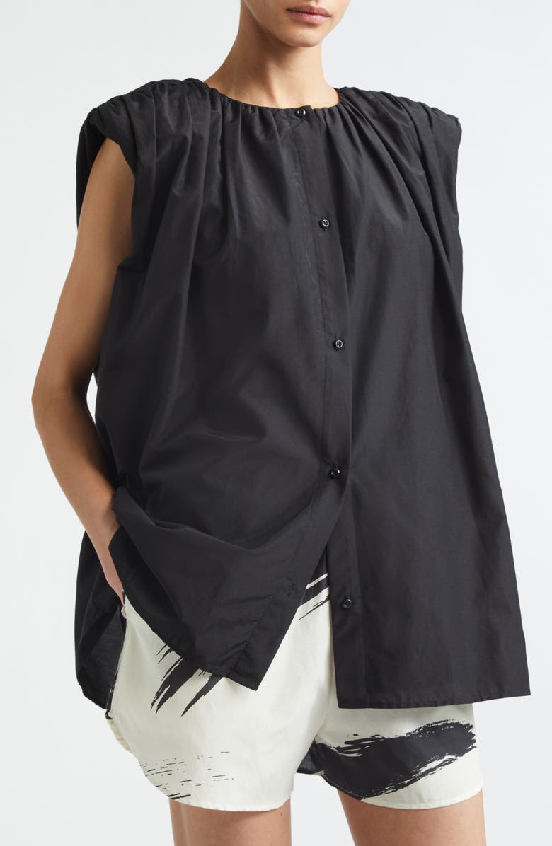 LOULOU DE SAISON Anca Gathered Sleeveless Cotton & Silk Voile Button-Up Top, Alternate, color, Black