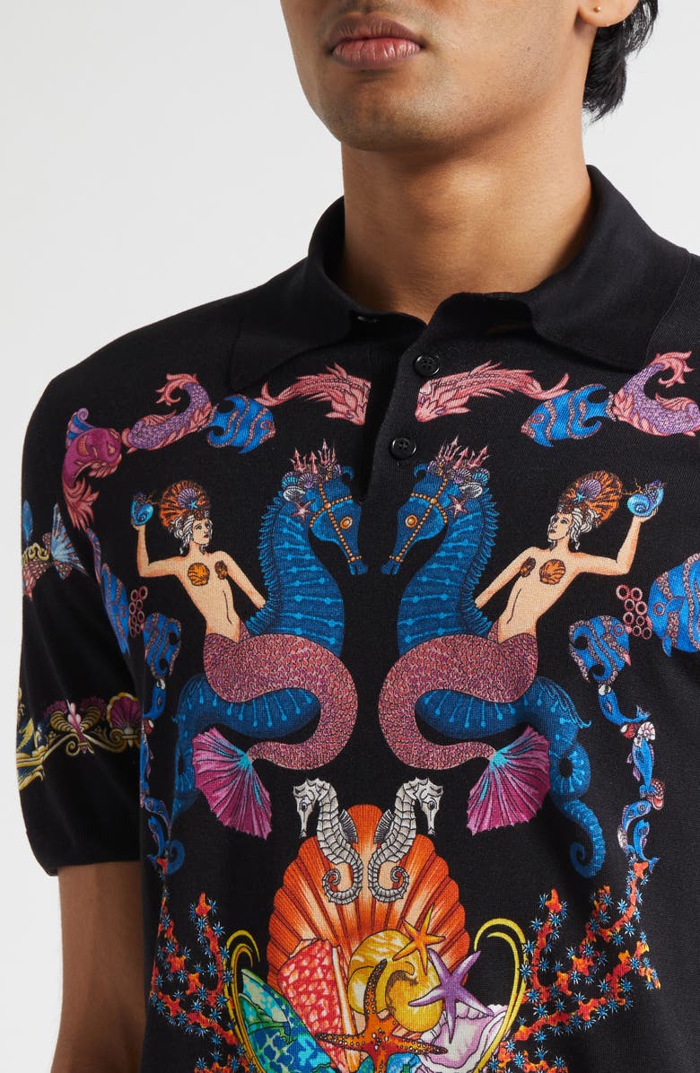 Versace Coral Theater Silk Polo Sweater, Alternate, color, Black Multicolor