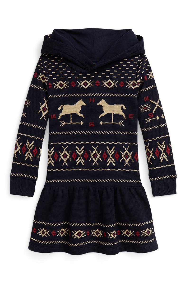 Polo Ralph Lauren Kids' Weathervane Jacquard Long Sleeve Hooded Sweater Dress, Main, color, Weathervane Fairisle Navy