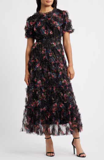 ZOE AND CLAIRE Floral Print Ruffle Mesh Maxi Dress
