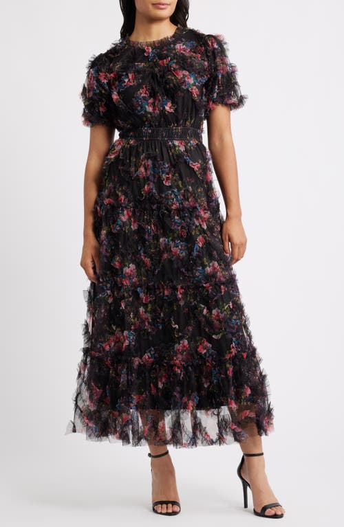 Zoe And Claire Floral Print Ruffle Mesh Maxi Dress In Black