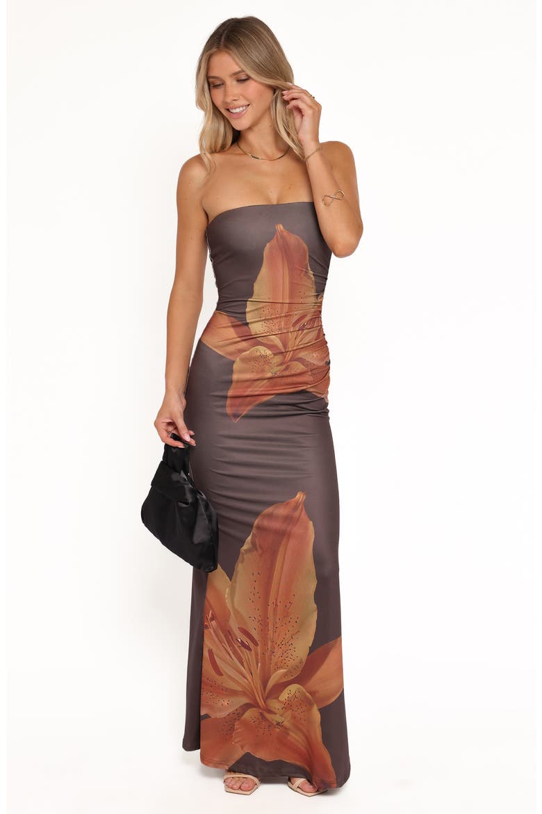 Ginny Floral Print Ruched Strapless Maxi Dress, Alternate, color, BROWN