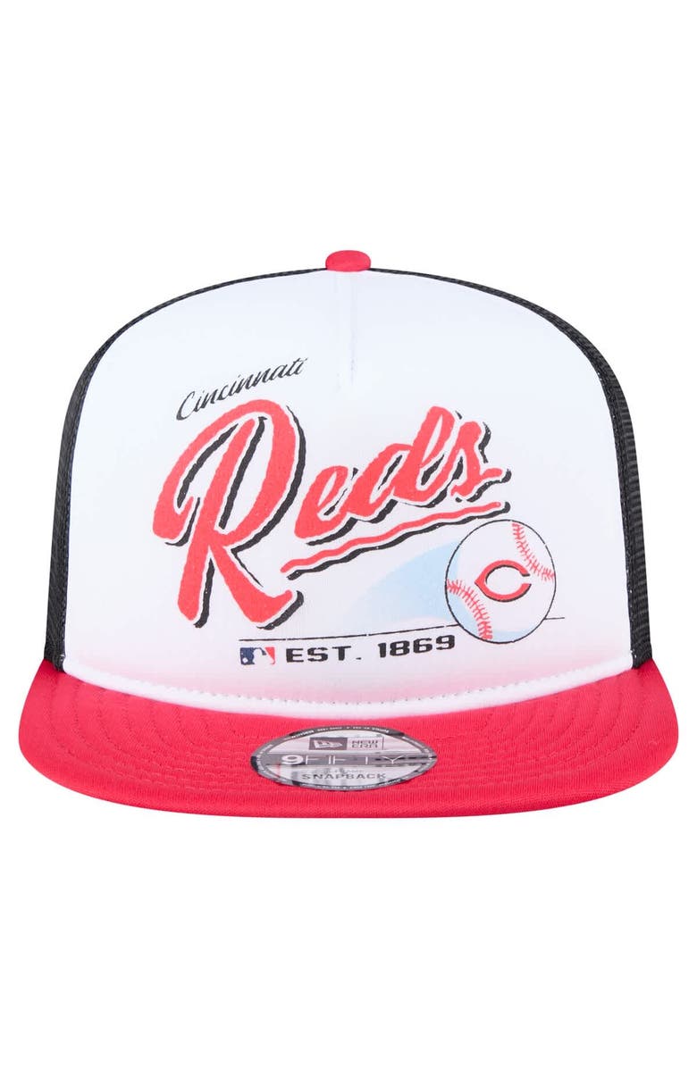 New Era Men's New Era White/Red Cincinnati Reds Retro Script Trucker 9FIFTY Snapback Hat, Alternate, color, 