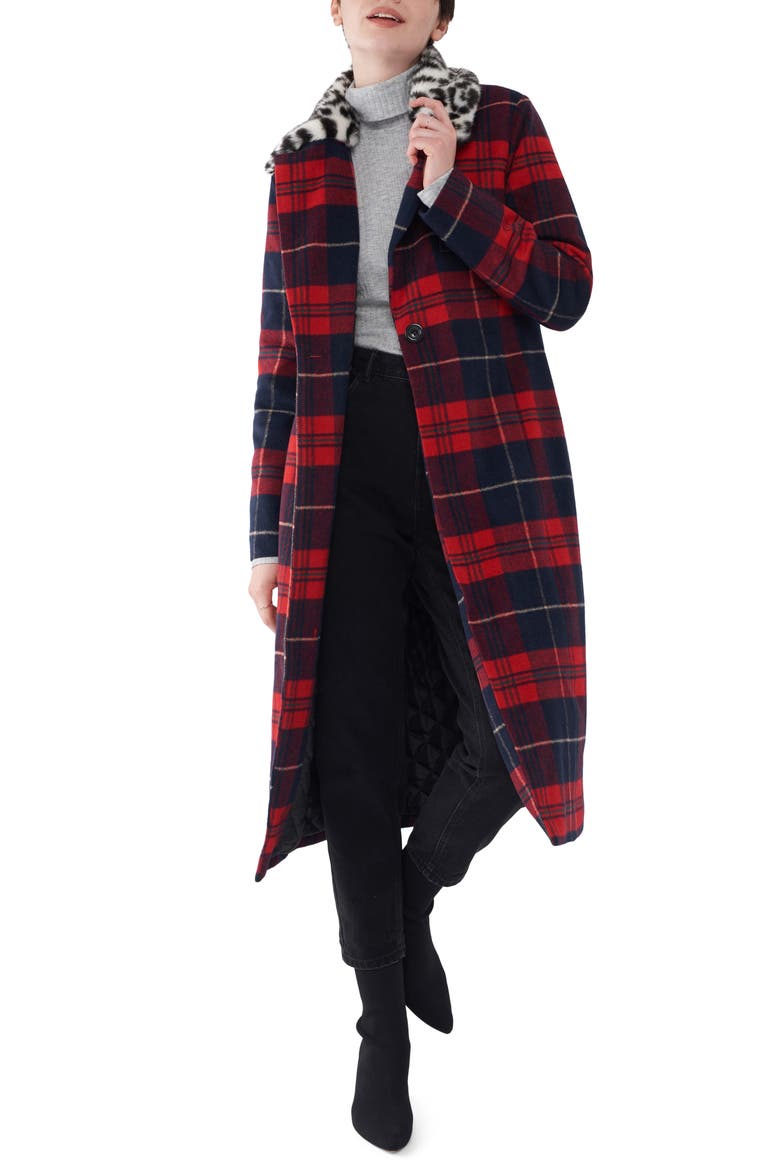 Faux Fur Collar Plaid Long Coat, Alternate, color, RED PLAID