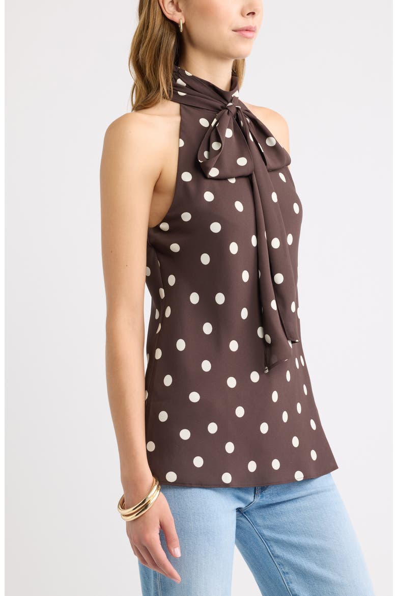 Scarf Detail Sleeveless Mock Neck Top, Alternate, color, BROWN- IVORY DOTTIE DOTS