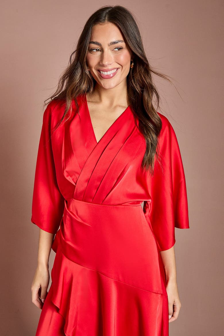 Satin Back Crepe Ruffle Wrap Midi Dress, Alternate, color, Flame Red