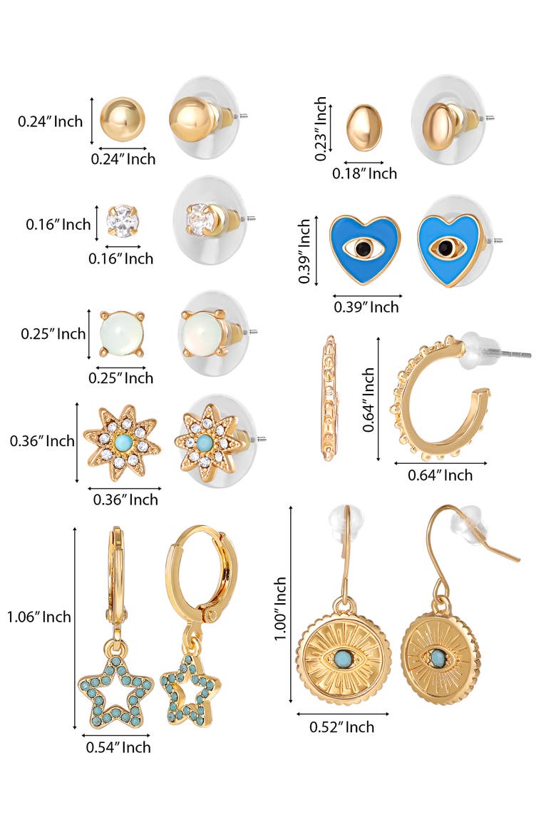 Gold-Tone Evil-Eye, Heart & Star Stud & Hoop Earring Set, 9 Pairs, Alternate, color, Gold tone