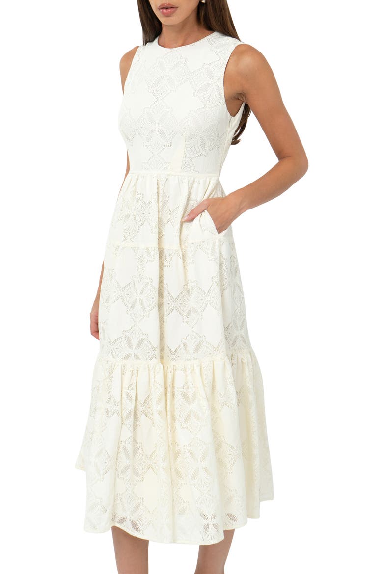 Marina Tiered Lace Midi Dress, Alternate, color, CREAM
