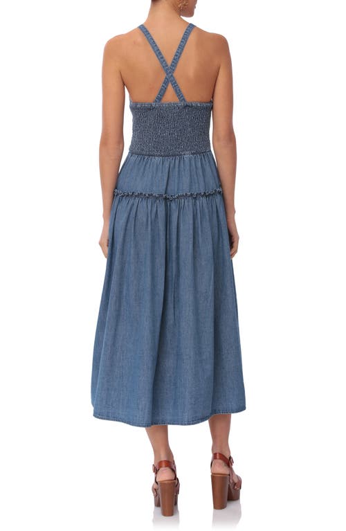 Avec Les Filles Smocked Bodice Chambray Midi Dress In Light Wash