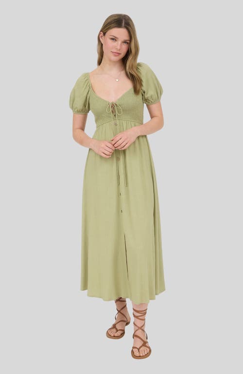 Blu Pepper Puff Sleeve Smocked Midi Dress In Green