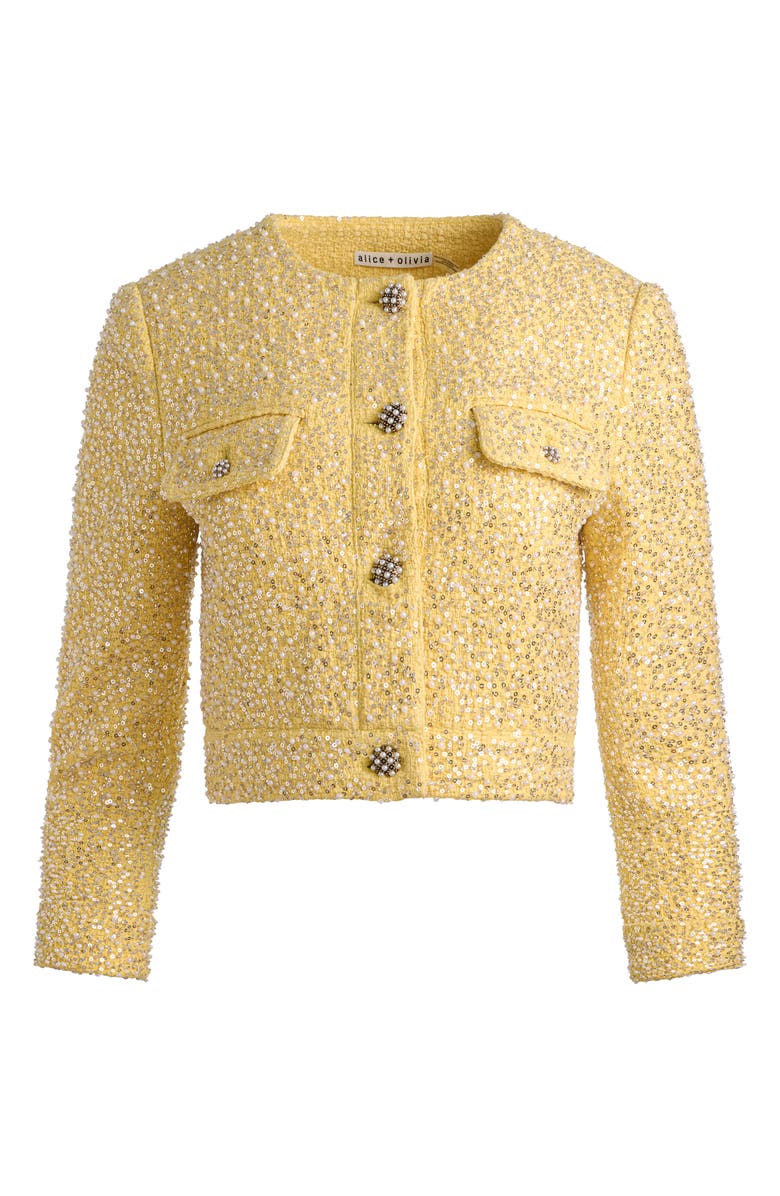 Alice + Olivia Lorie Embellished Crop Tweed Jacket, Alternate, color, Butter