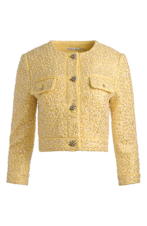 Alice And Olivia Lorie Embellished Tweed Jacket In Yellow