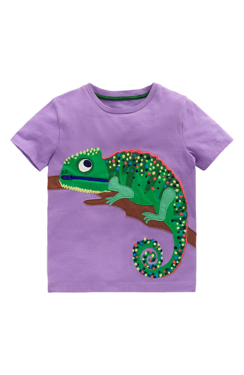 Mini Boden Kids' Chameleon Appliqué Zip Detail Cotton Graphic T-Shirt, Main, color, 