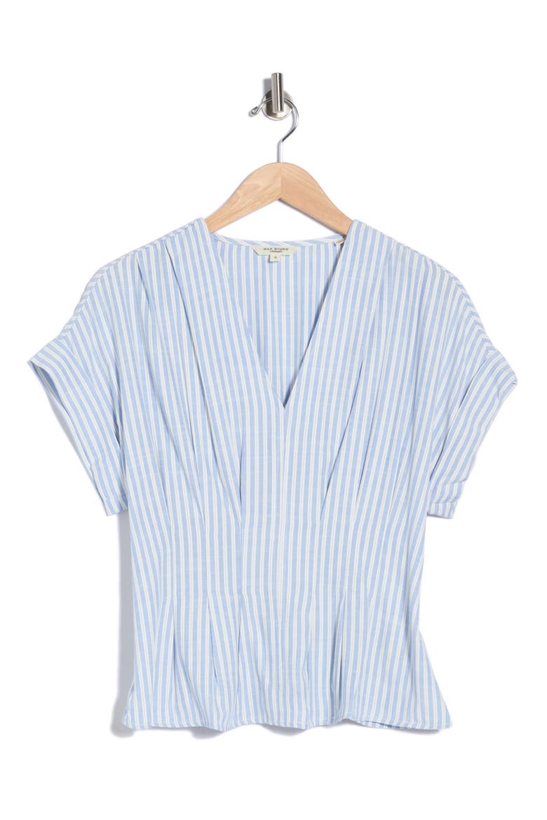 Stripe Short Sleeve Pleated Front Top, Alternate, color, BLUE CONDUCTOR STRIPE