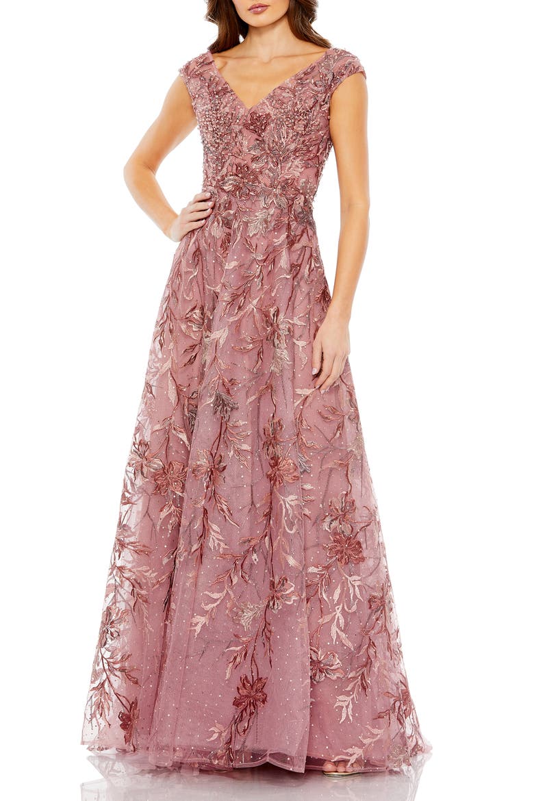 Embroidered Illusion Cap Sleeve A Line Gown, Main, color, CINNAMON