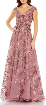 Mac Duggal Embroidered Illusion Cap Sleeve A Line Gown