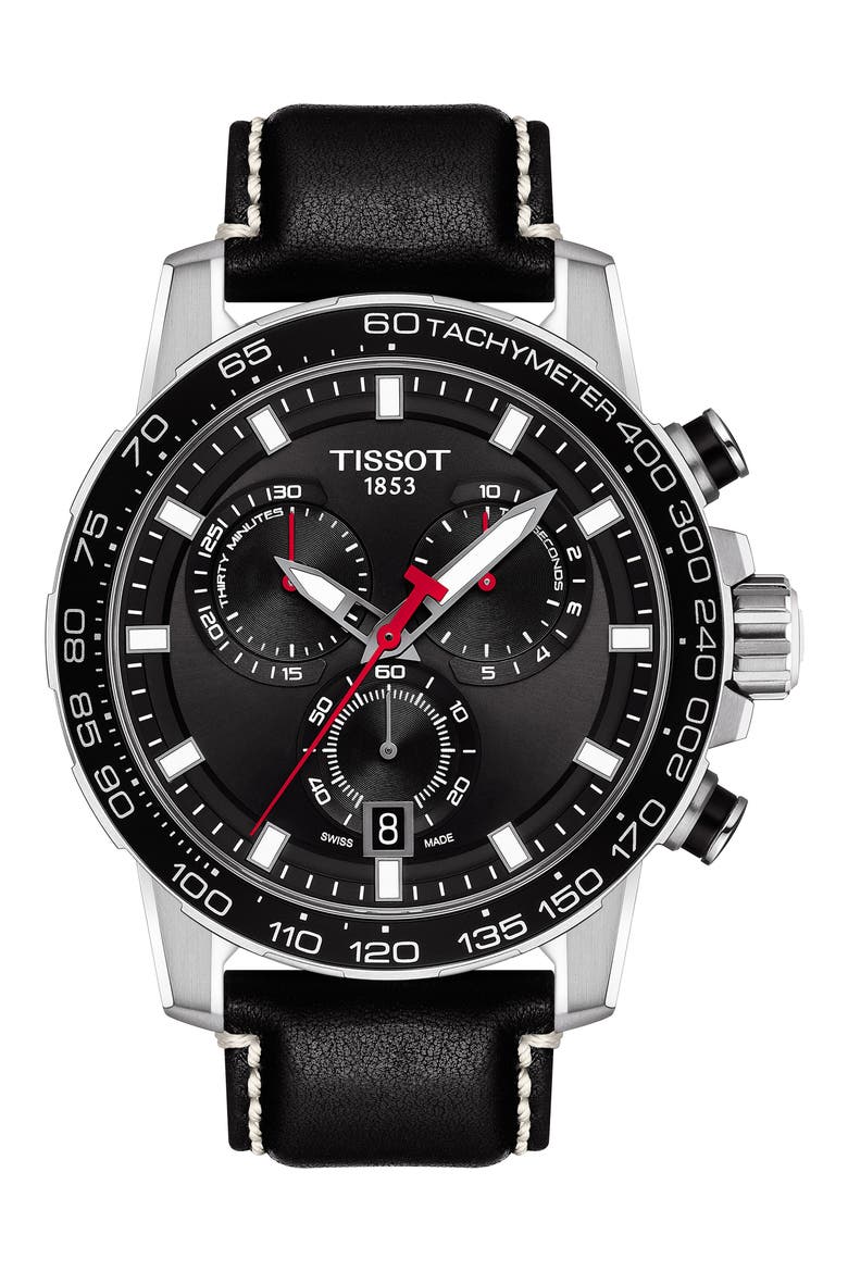 Supersport Chronograph Leather Strap Watch, 45.5mm, Main, color, BLACK/ SILVER