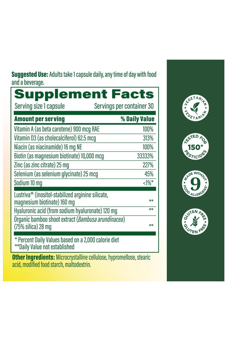 Hair Growth, Clinically Studied Lustriva, Hyaluronic Acid, Biotin 10000mcg, 30 Vegetarian Capsules, Alternate, color, None
