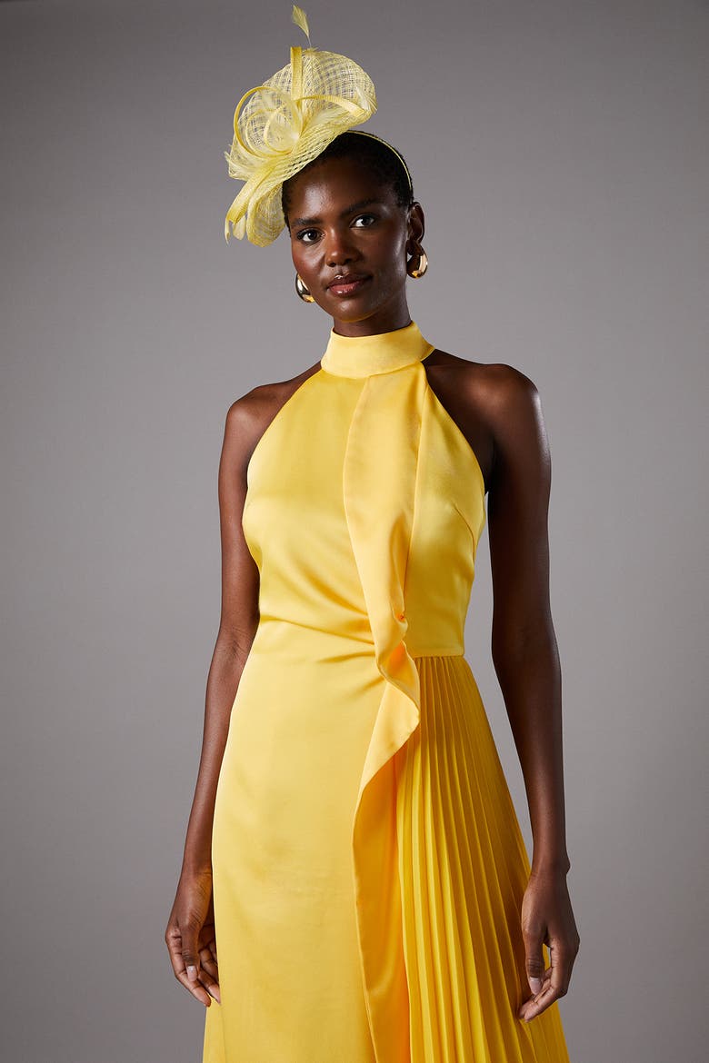 Halter Pleated Asymmetric Hem Midi Dress, Alternate, color, Yellow