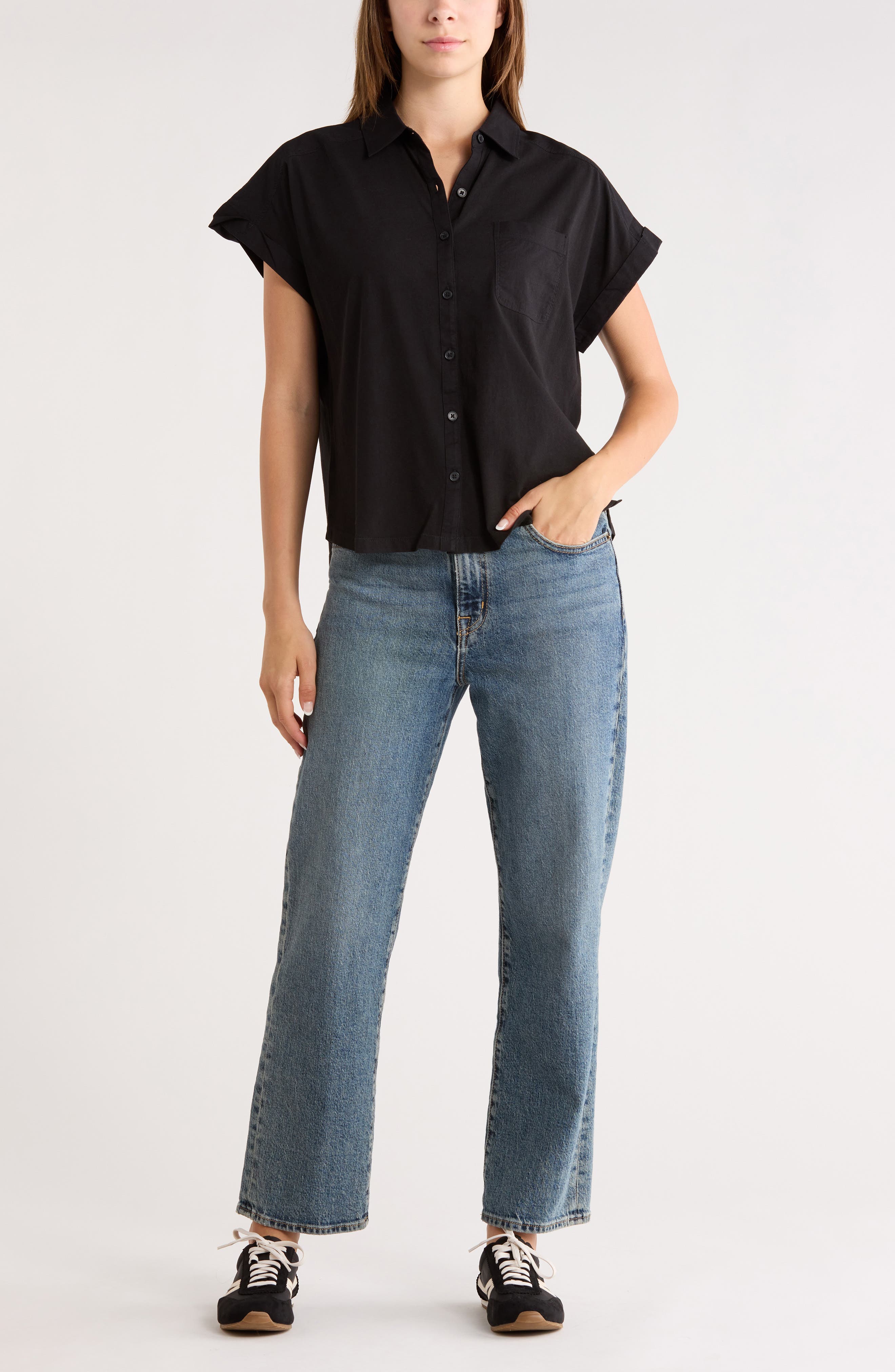 Melrose and Market Mixed Media Button-Up Shirt