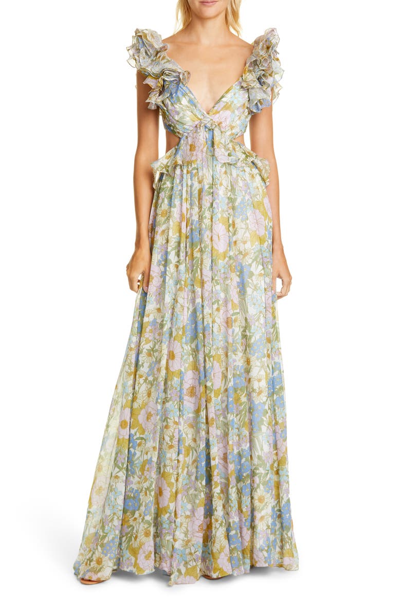 Zimmermann Super Eight Floral Ruffle Cotton & Silk Maxi Dress, Main, color, 
