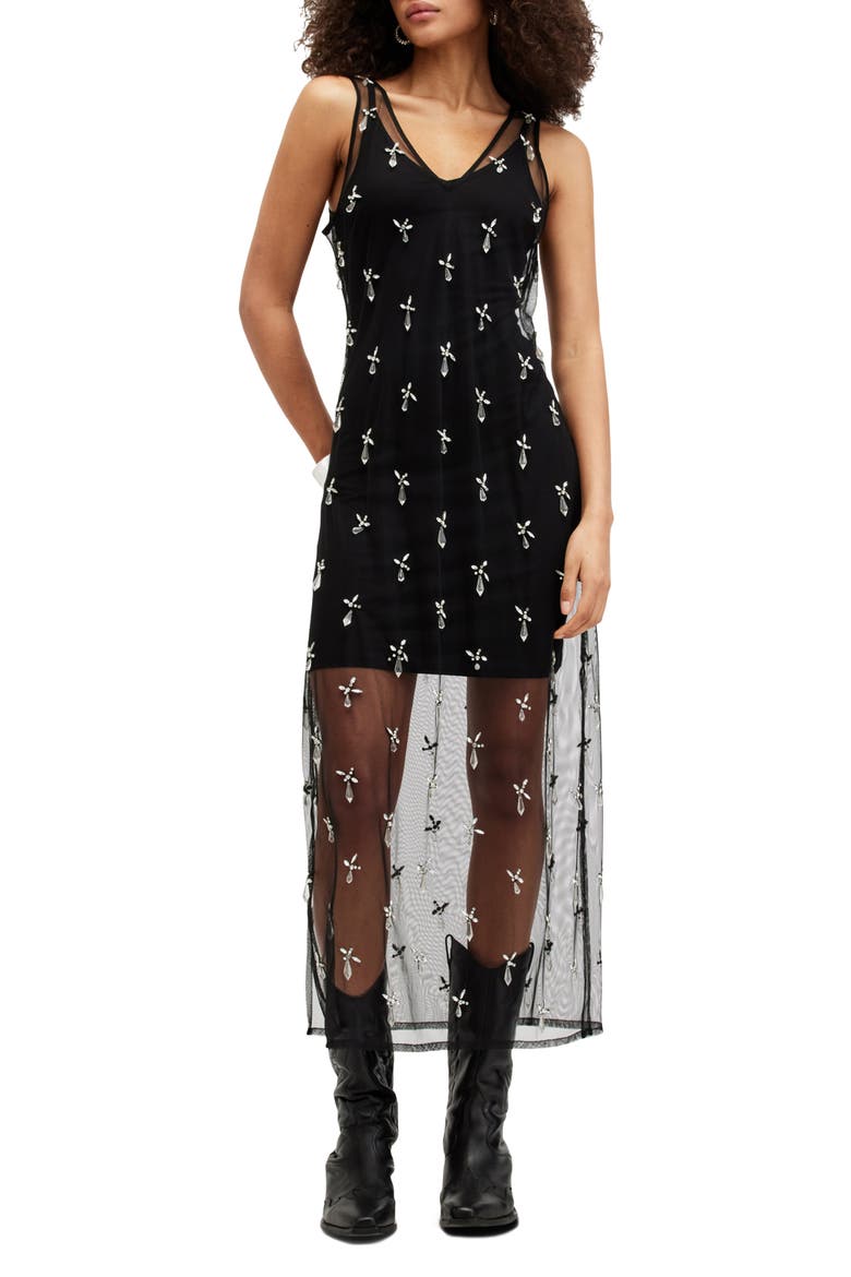 Kai Crystal Mesh Sleeveless Dress, Main, color, BLACK