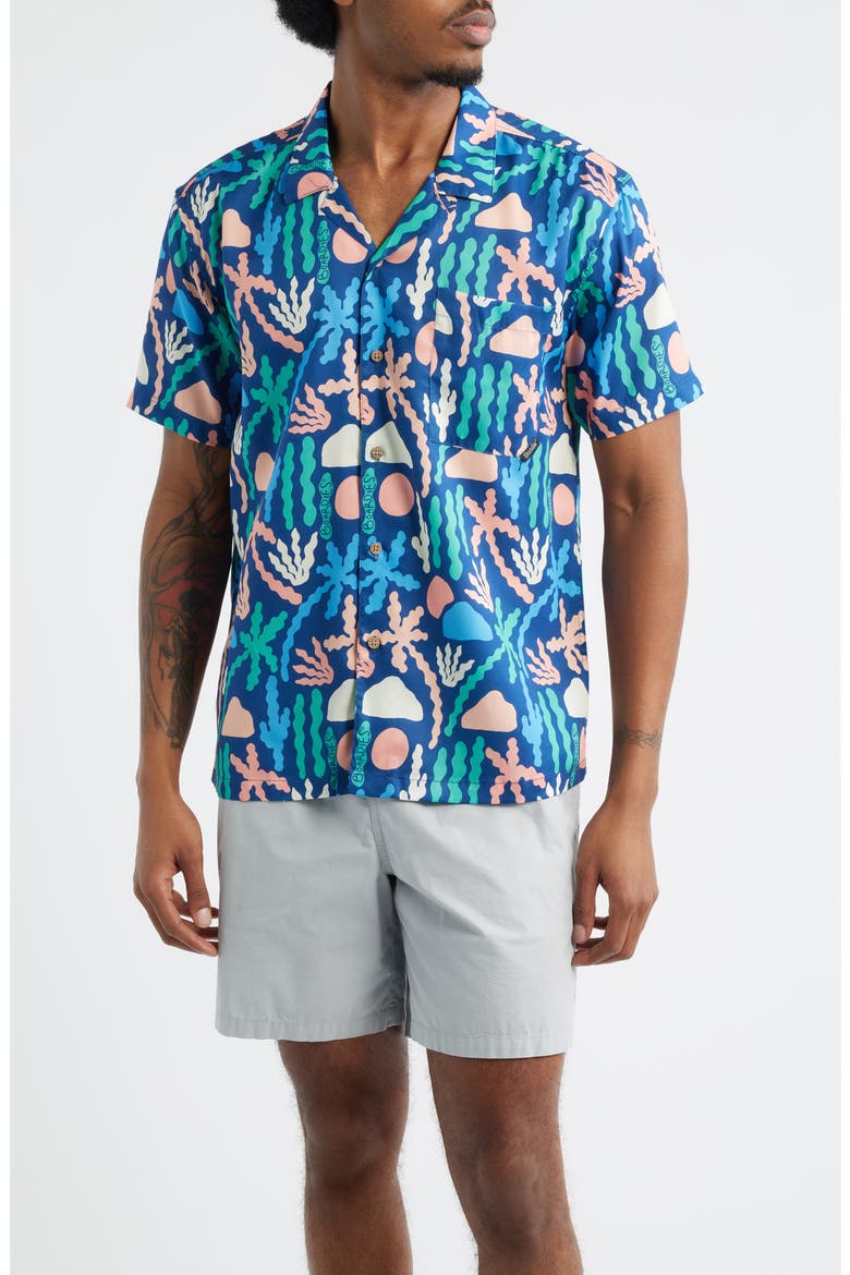 Print Short Sleeve Button-Up Camp Shirt, Main, color, BLUE MULTI