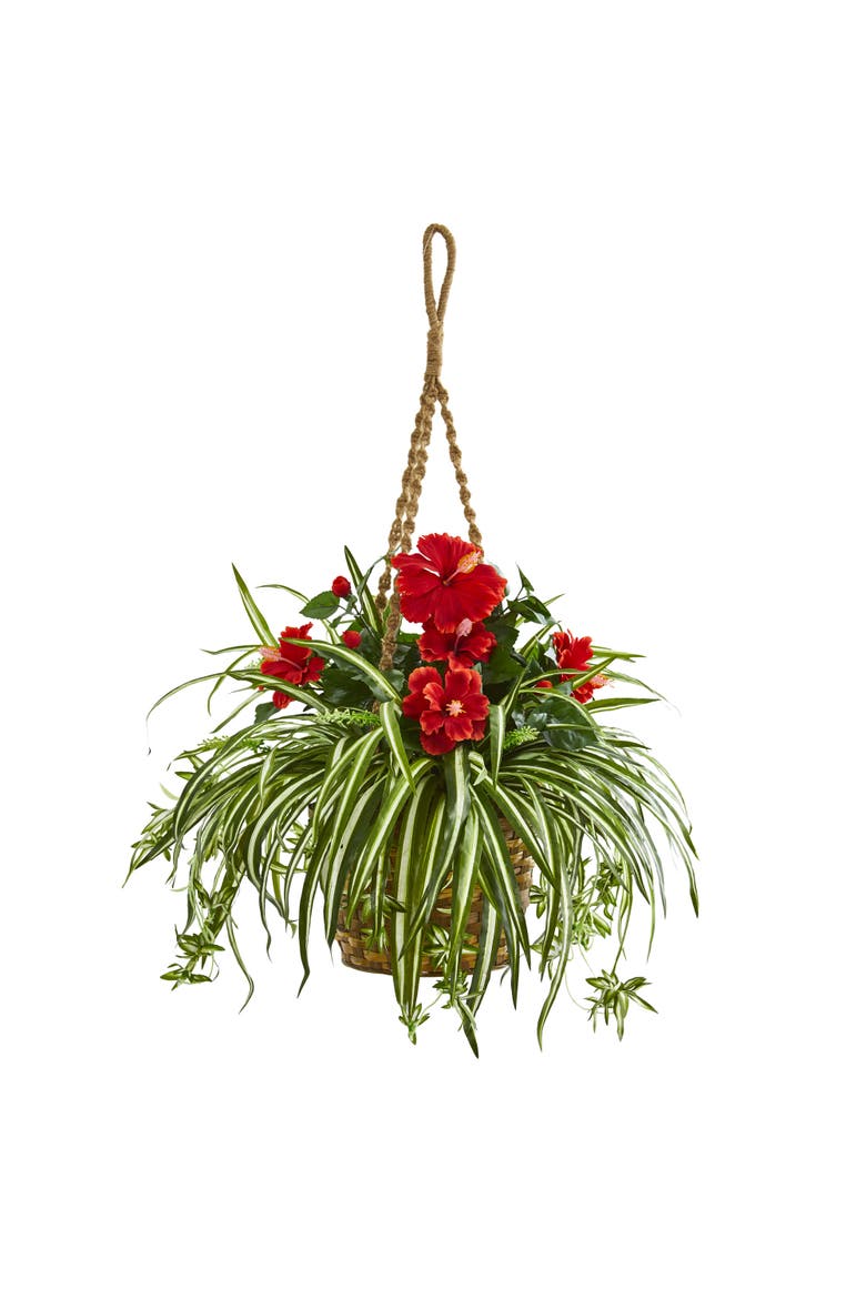 Hibiscus & Spider Artificial Plant in Hanging Basket, Main, color, Red