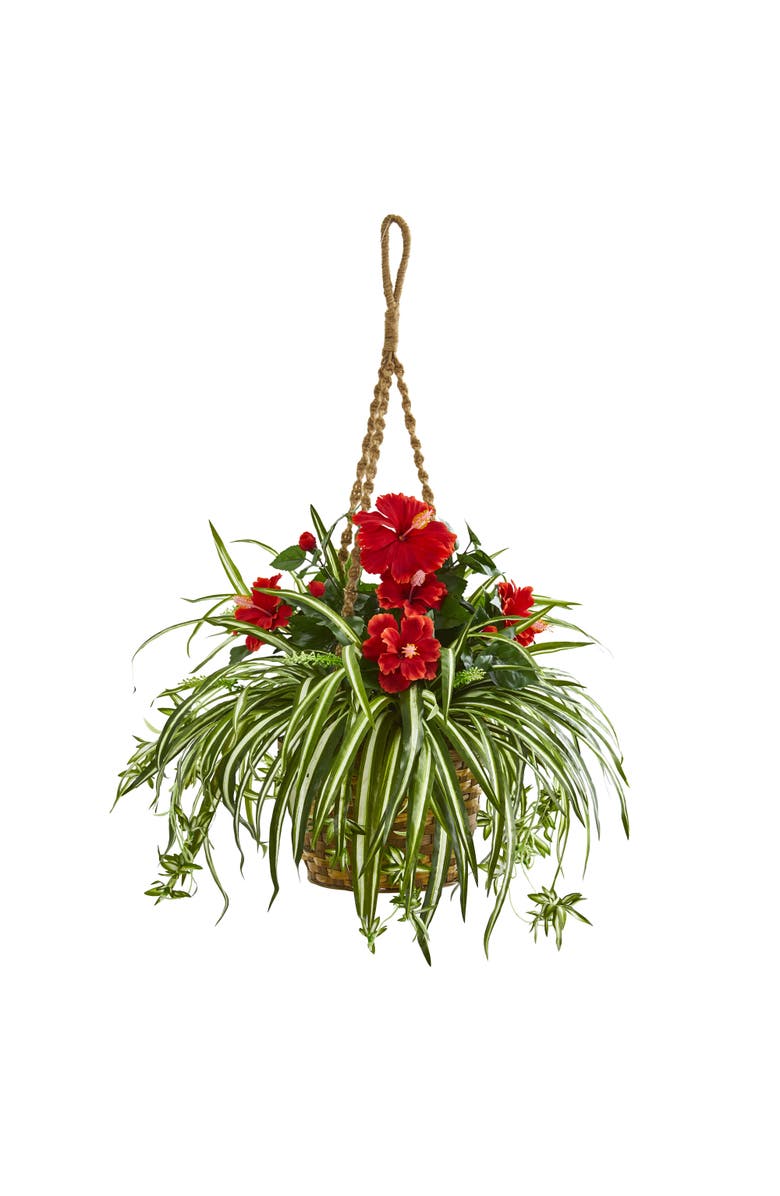 NEARLY NATURAL Hibiscus & Spider Artificial Plant in Hanging Basket, Main, color, Red