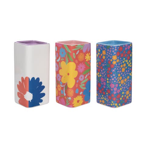 Dolomite Floral Square Vase Set of 3 Multicolored for Floral Display and Home Decor