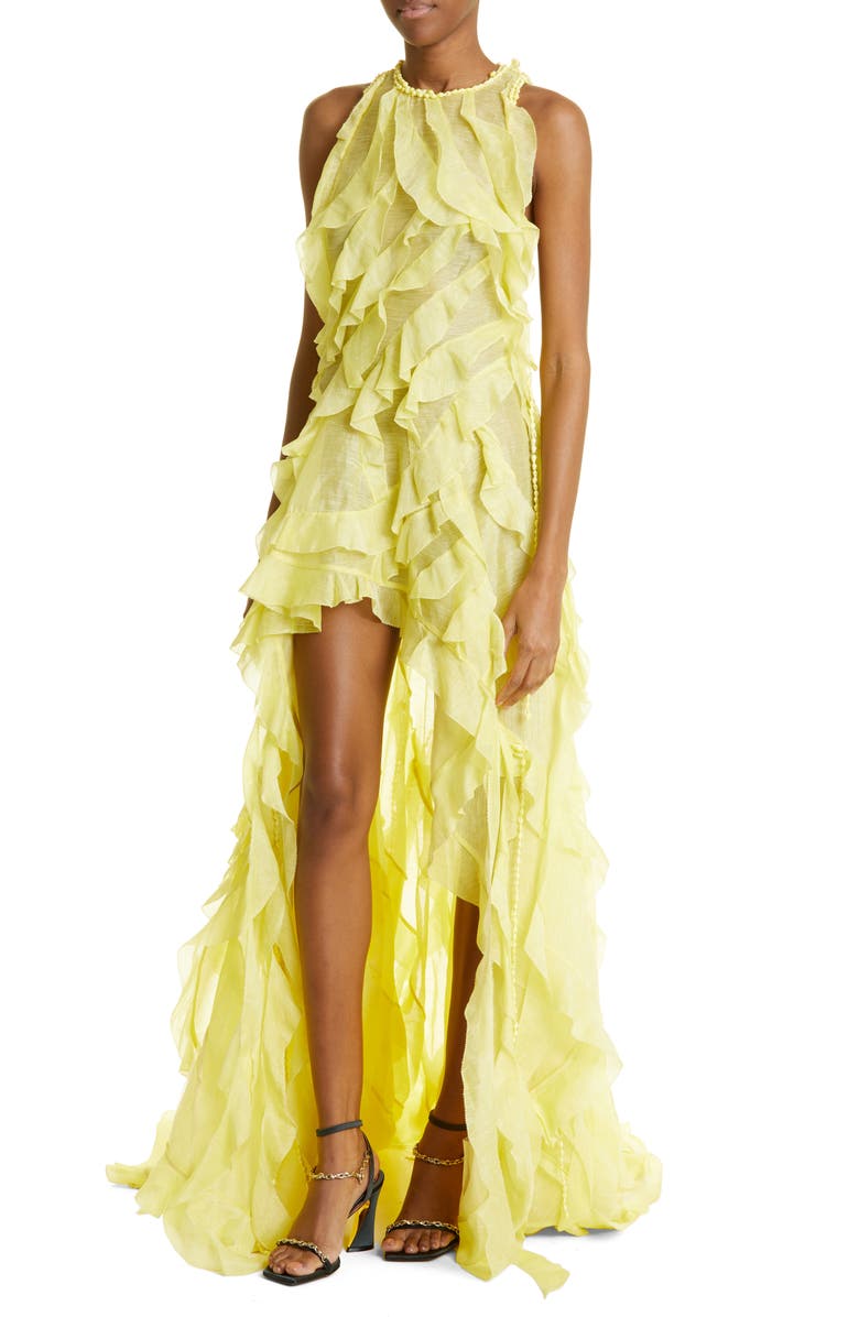 Zimmermann Wonderland Waterfall Ruffle High-Low Linen & Silk Gown, Alternate, color, 