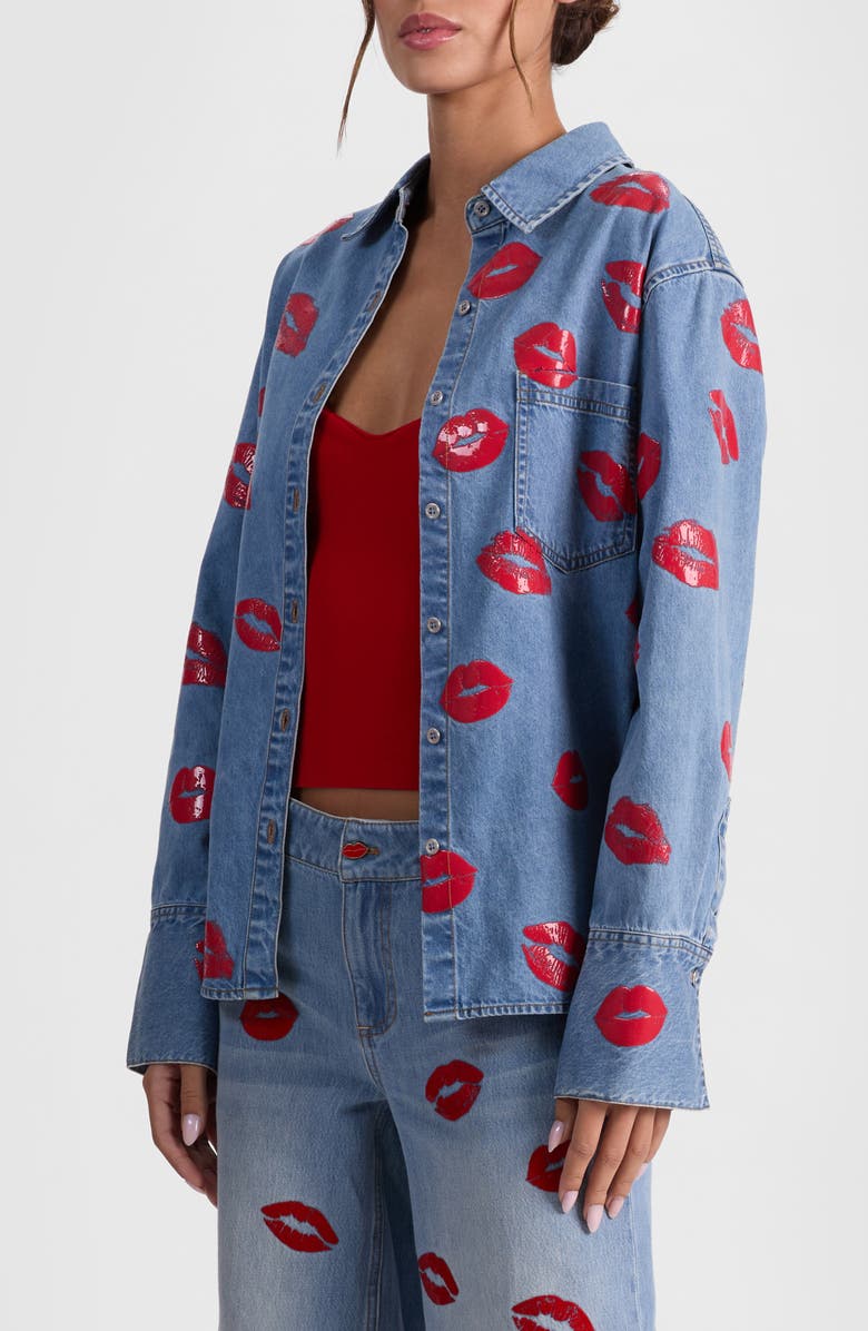 Alice + Olivia Kiss Print Denim Shirt Jacket, Alternate, color, Denver Bright Blue