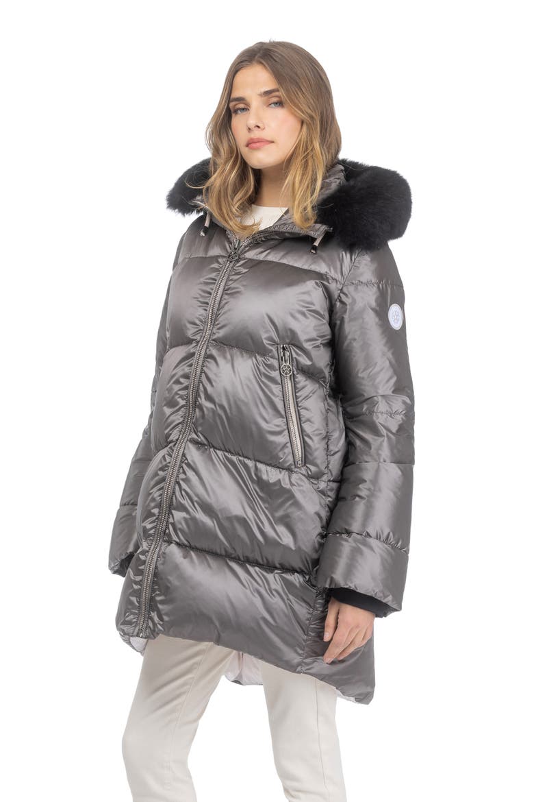 Apres-Ski Horizontal Jacket With Detachable Genuine Shearling Hood Trim, Alternate, color, GREIGE/BLACK