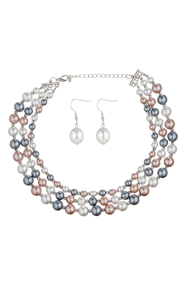 EYE CANDY LOS ANGELES 3-Tier Faux Pearl Collar Necklace & Drop Earrings, Main, color, Silver