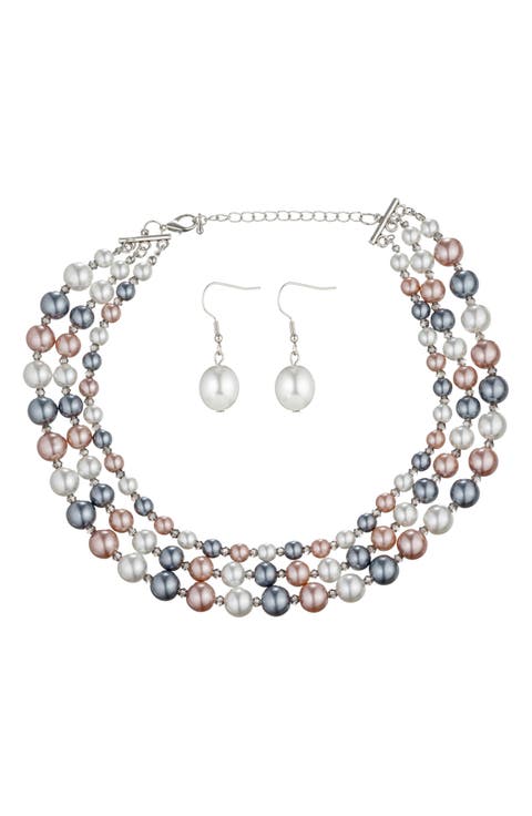 3-Tier Faux Pearl Collar Necklace & Drop Earrings
