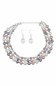 EYE CANDY LOS ANGELES 3-Tier Faux Pearl Collar Necklace & Drop Earrings