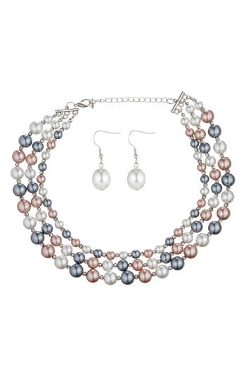 Eye Candy Los Angeles 3-tier Faux Pearl Collar Necklace & Drop Earrings In Silver