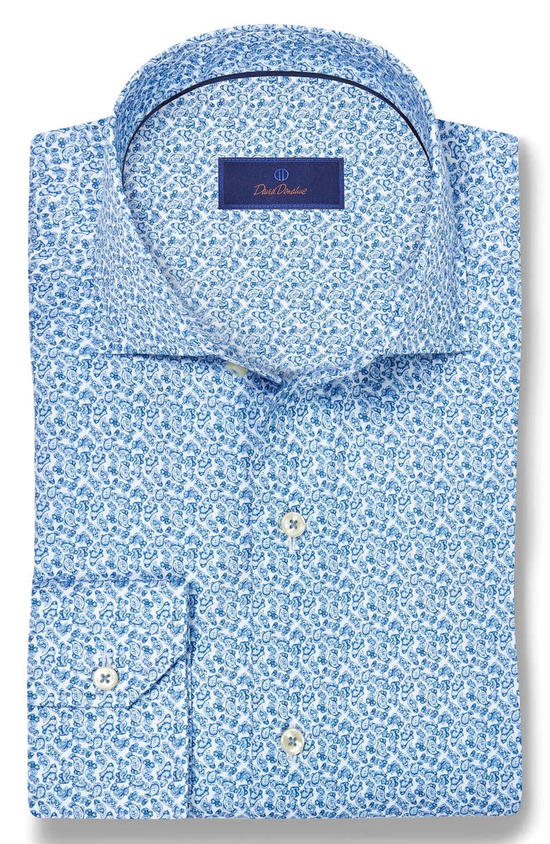 David Donahue Micropaisley Print Cotton Button-Up Shirt, Alternate, color, White/ Blue