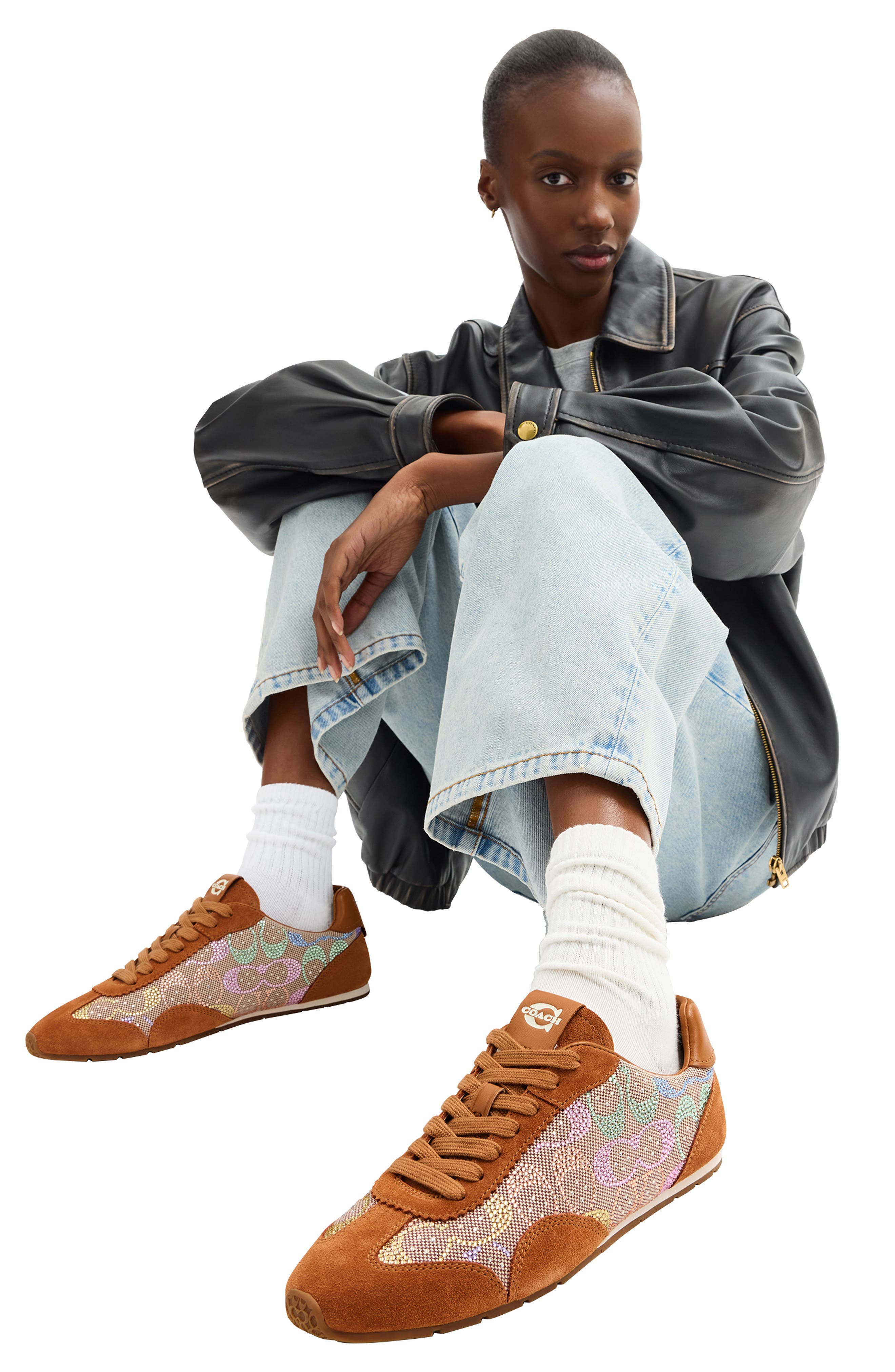 COACH Logo Mixed Media Sneaker, Alternate, color, Light Tan Multi