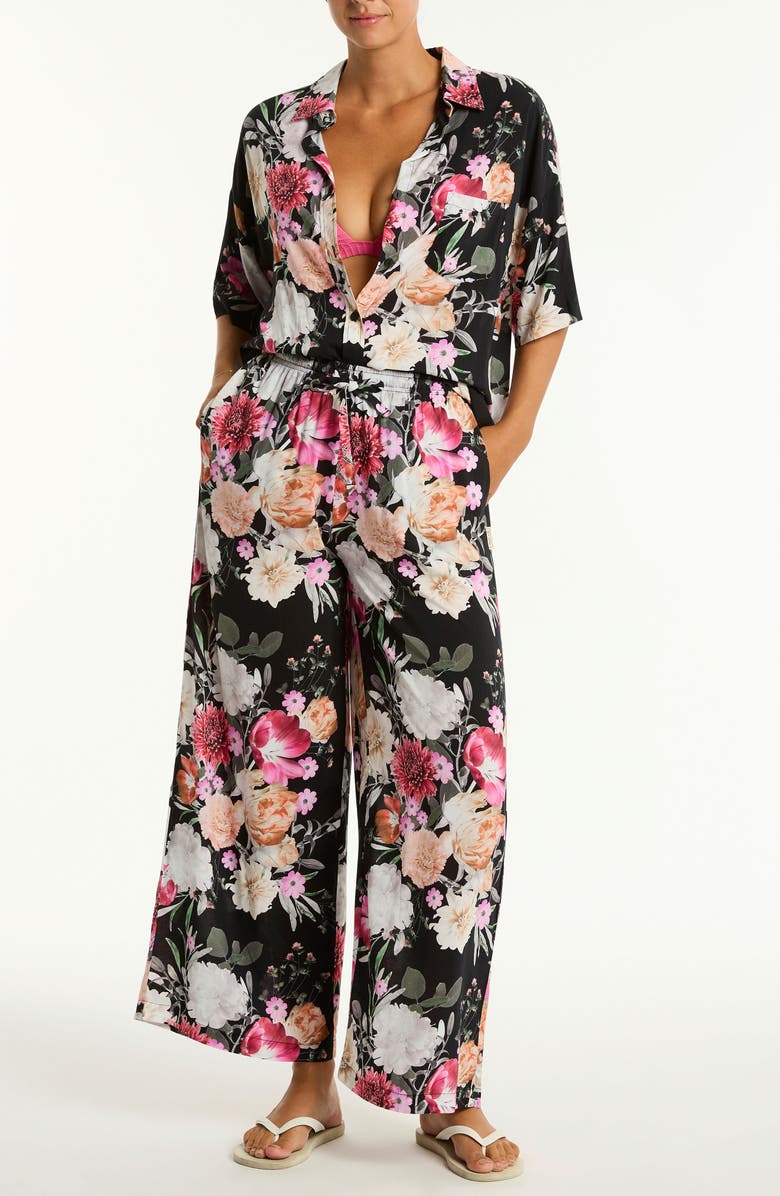 Sea Level Belle Aloha Cover-Up Shirt, Main, color, Black