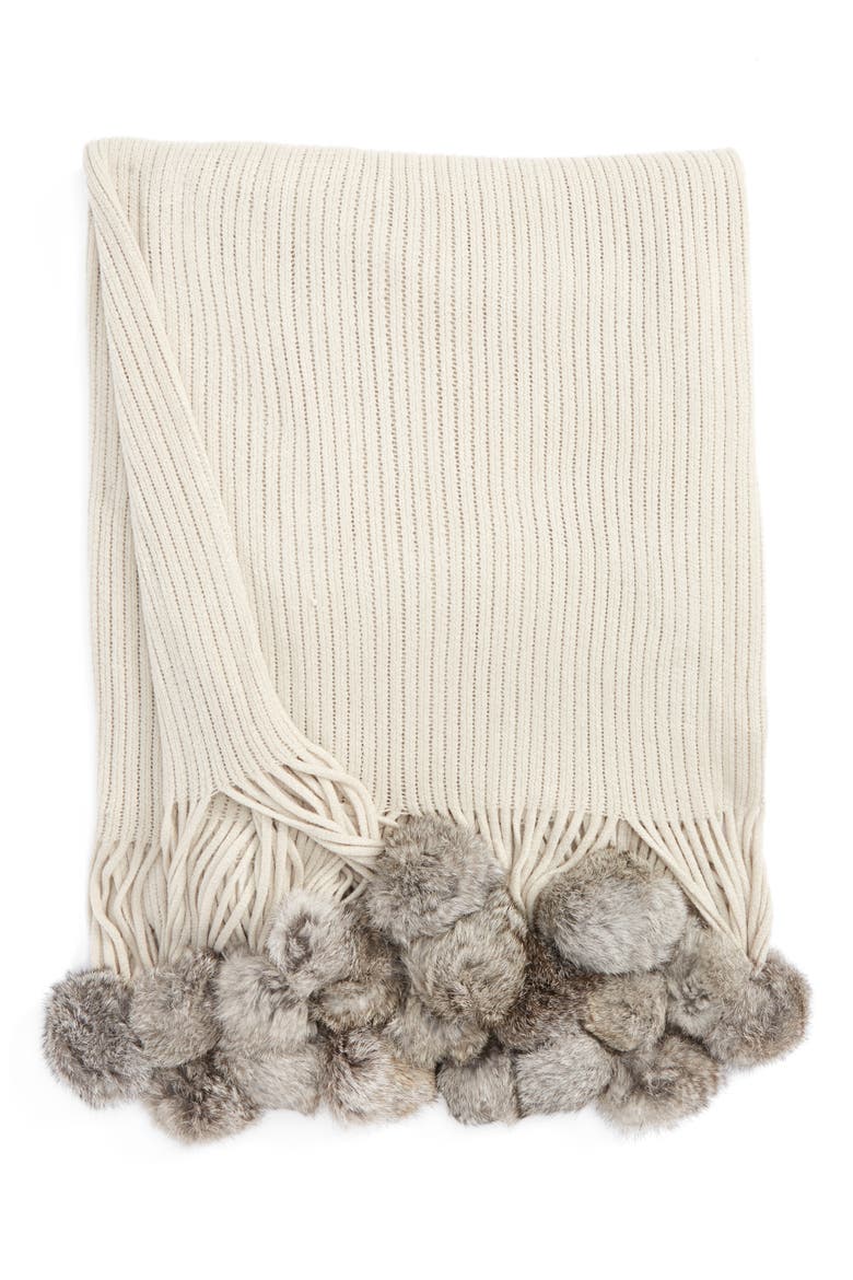 Genuine Rabbit Fur Pompom Rib Knit Throw, Main, color, SILVER