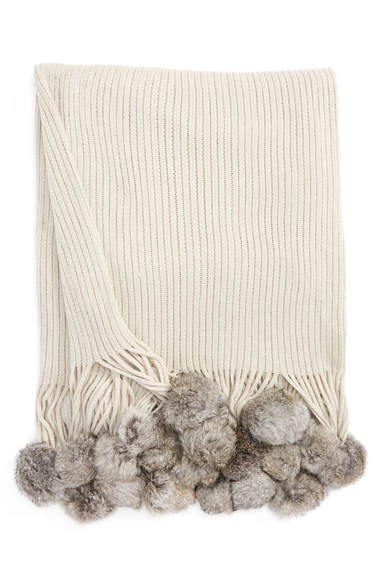 Echo Genuine Rabbit Fur Pompom Rib Knit Throw, Main, color, 