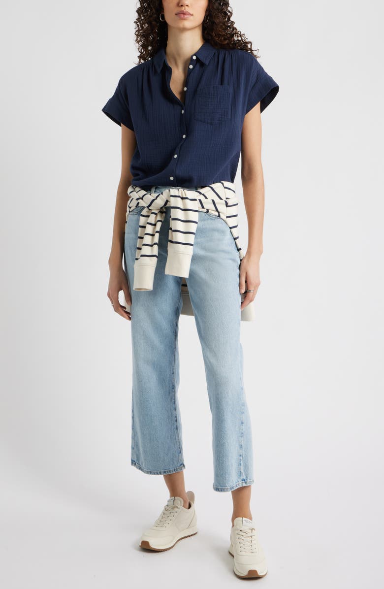 Caslon<sup>®</sup> Cotton Gauze Button-Up Shirt, Alternate, color, Navy Still