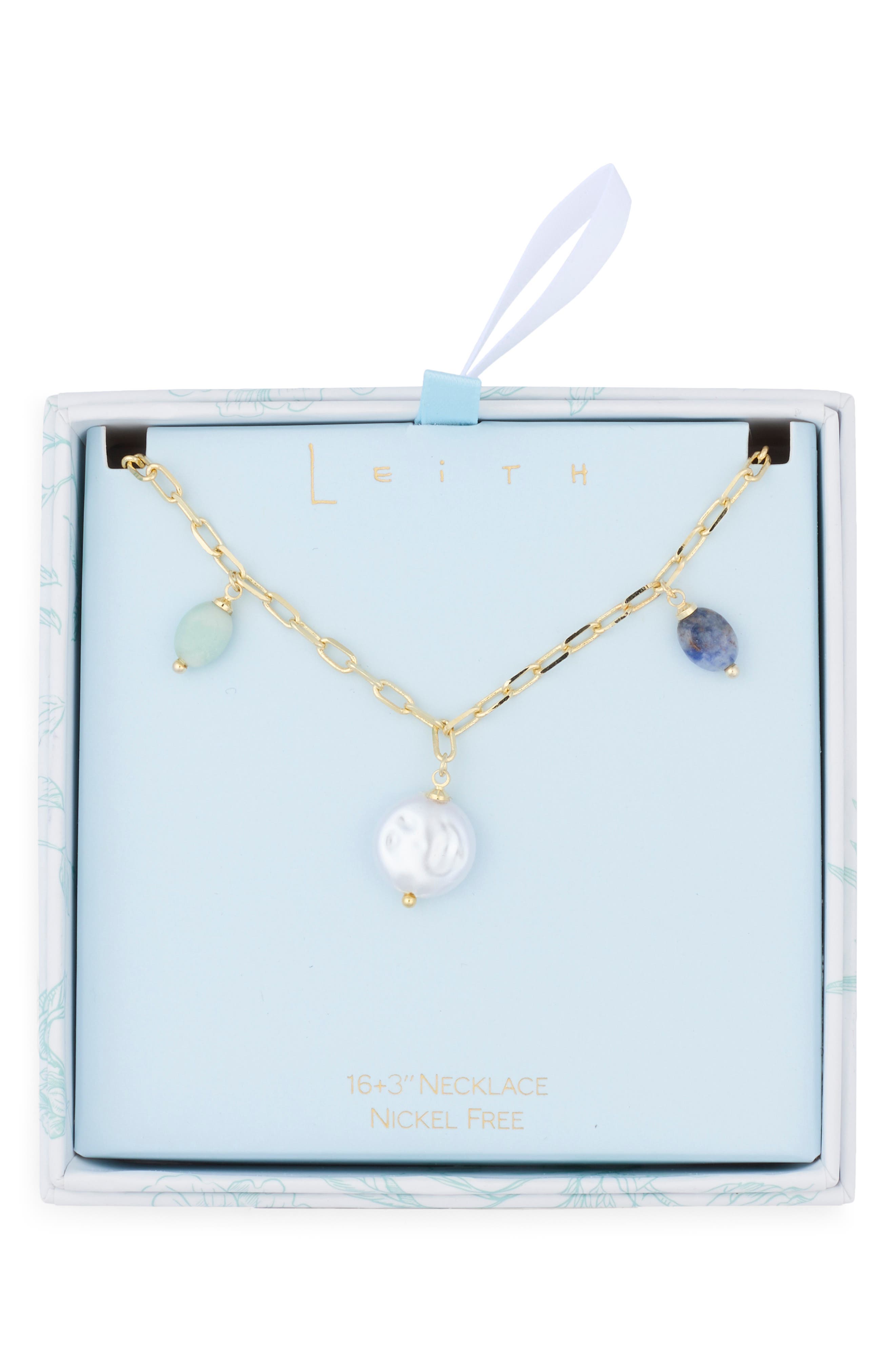 Leith Colored Stone Faux Pearl Charm Necklace