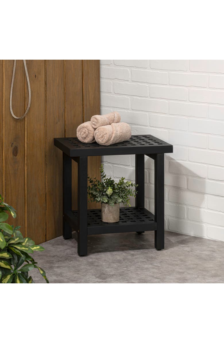 JONATHAN Y Armin 18.1" Modern Classic Grid Slat Solid Acacia Wood Indoor/Outdoor Shower Stool, Alternate, color, Black