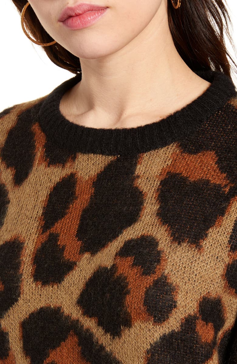 Band of Gypsies Bronzer Leopard Jacquard Sweater, Alternate, color,
