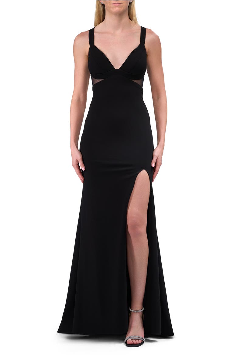 Long Evening Dress with Illusion Mesh Sides, Main, color, Black